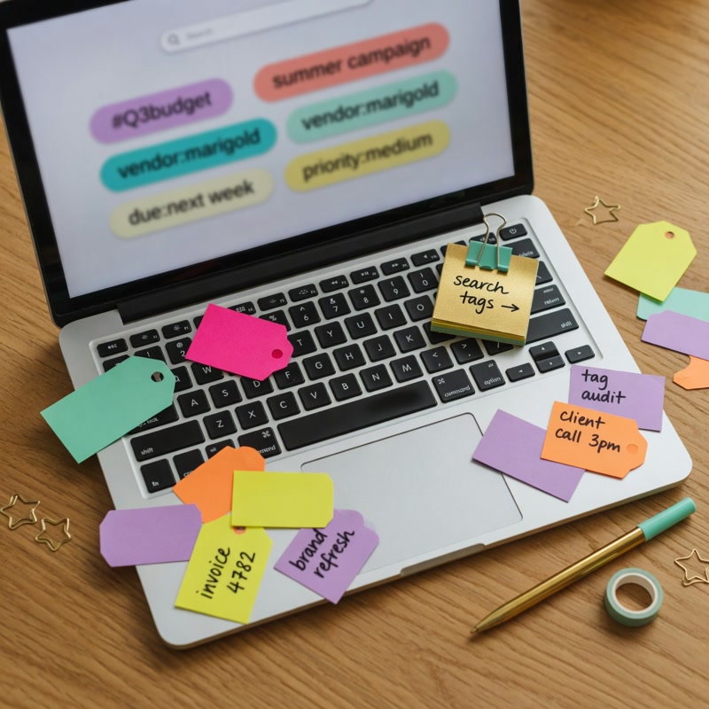 Search tags and notes on a creator desk