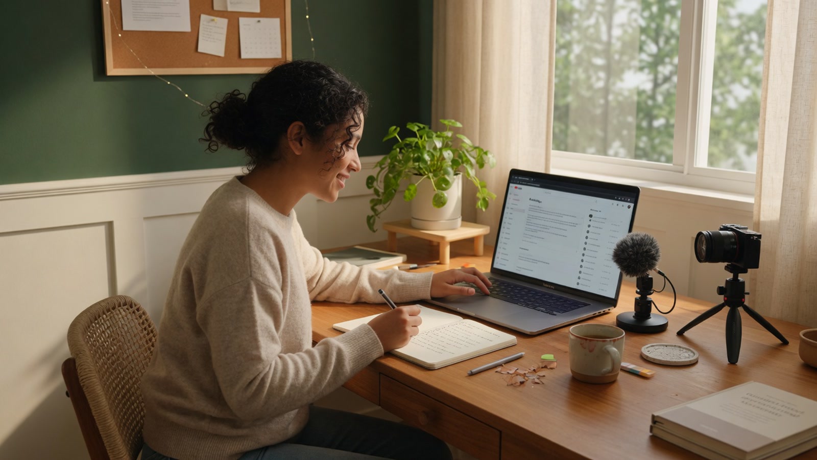 Creator workspace with laptop, camera gear, and notes for a product-rich upload