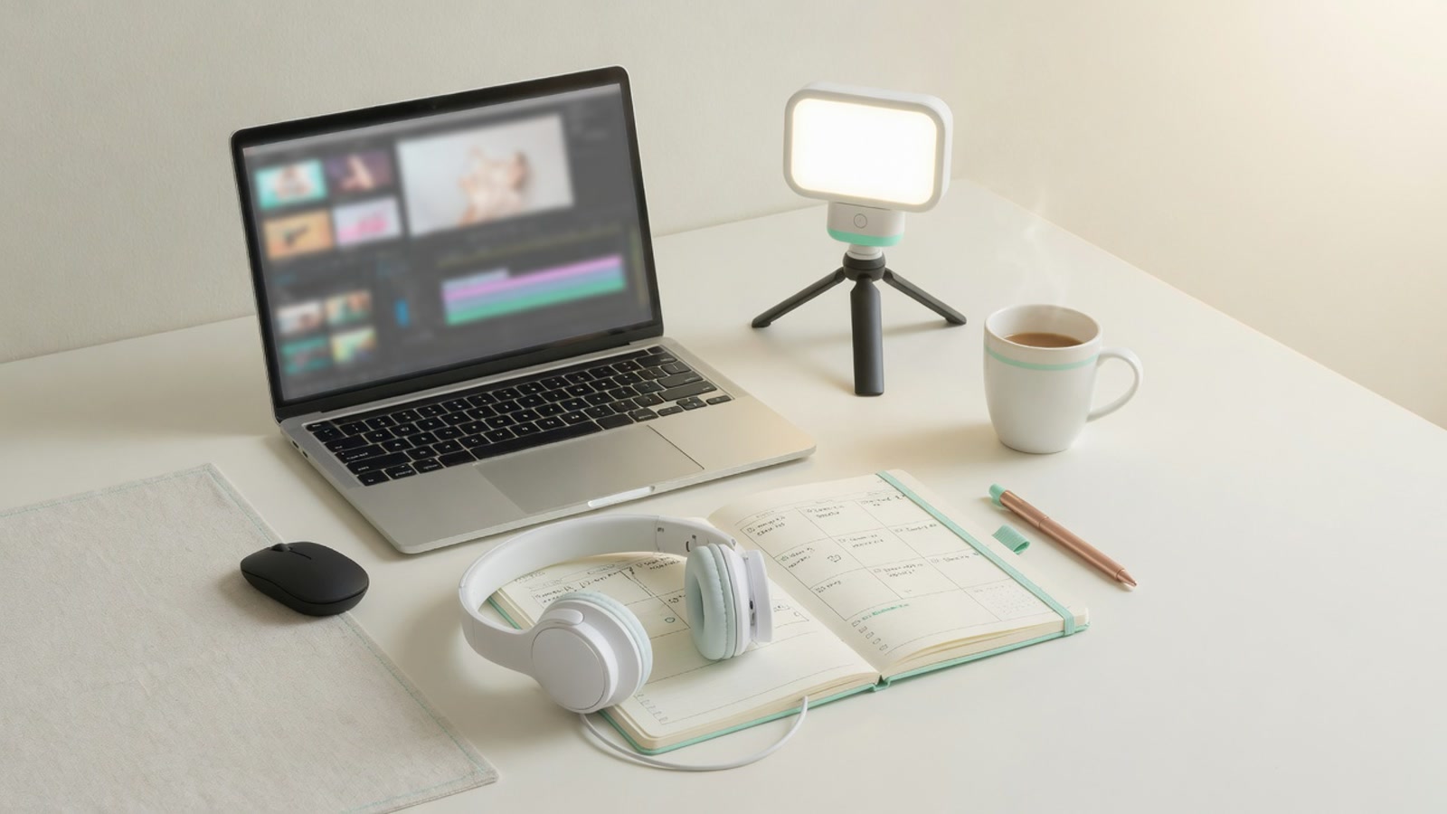 Calm creator workspace with laptop, headphones, and tools for a professional publishing workflow