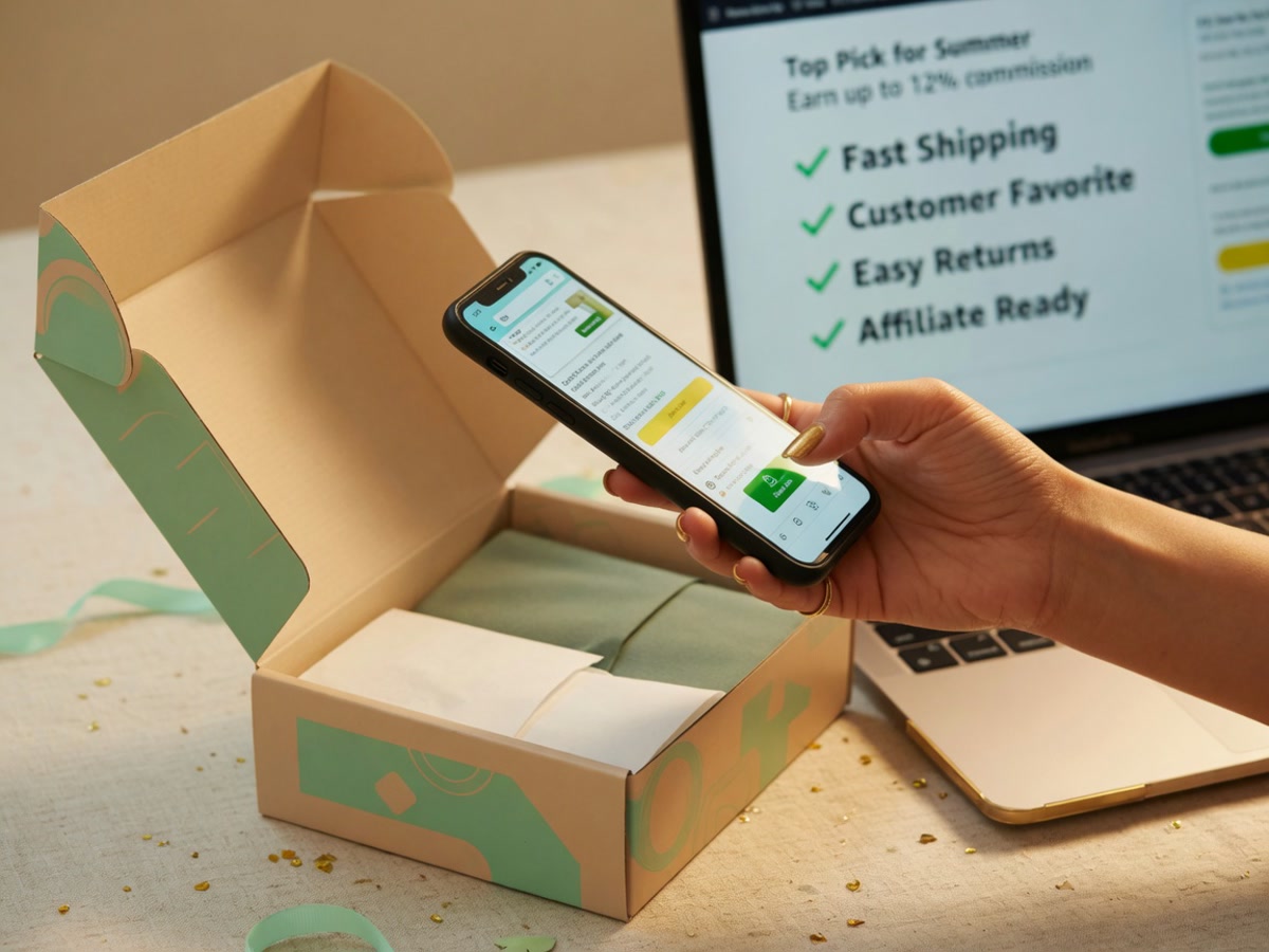 Phone and product box next to an affiliate-ready description draft
