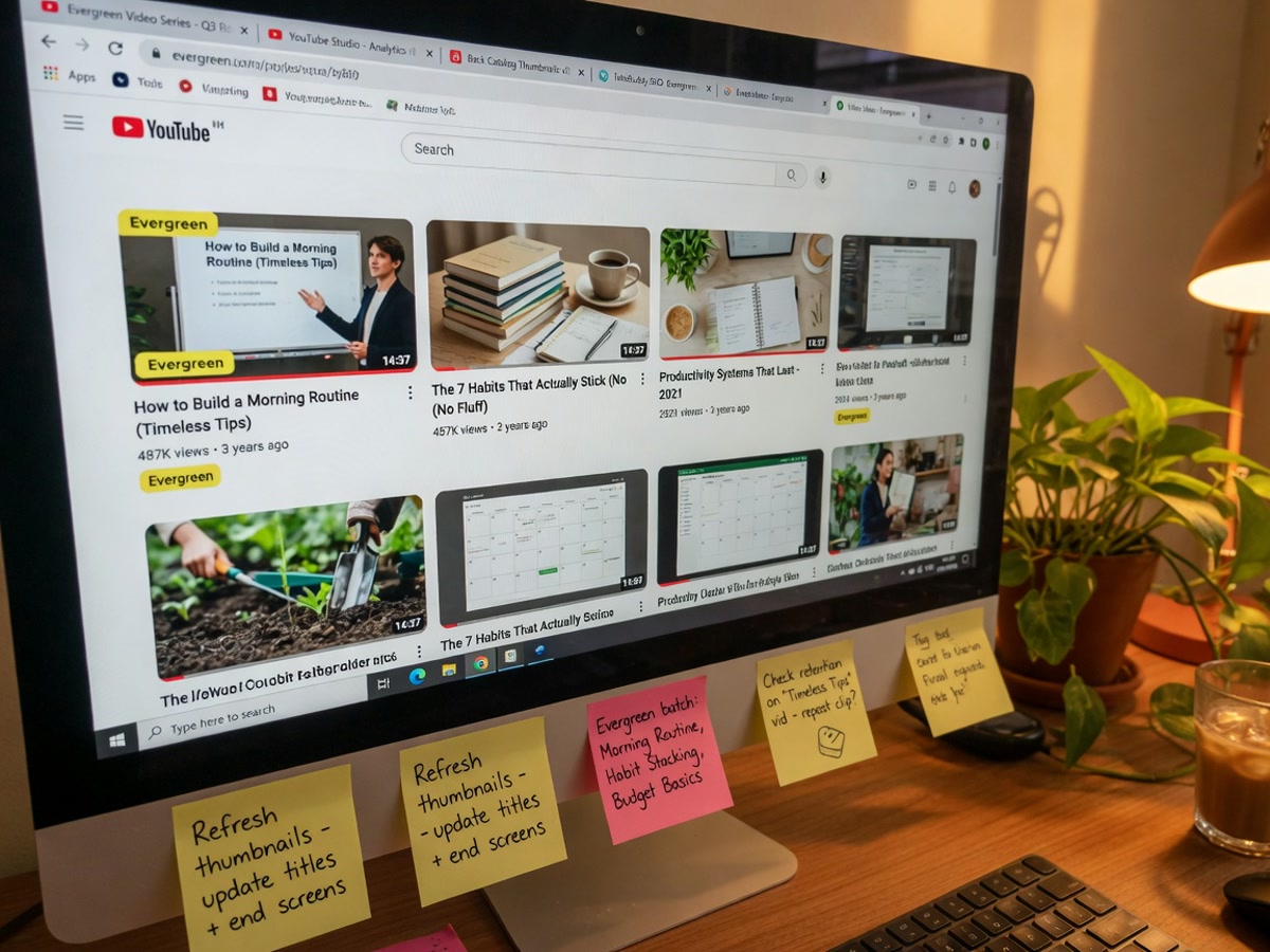 Monitor full of evergreen video thumbnails for back-catalog updates