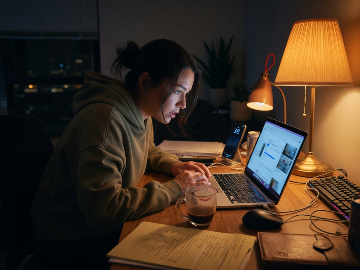 Creator finishing a new YouTube upload late at night